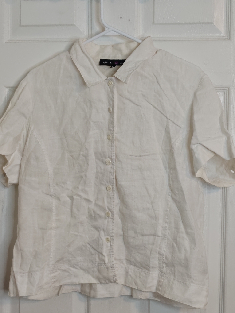 Casual Summer All Seasons Short-Sleeve Linen Button-Down Shirt in Off-White